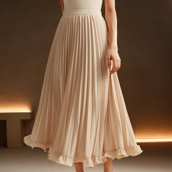 Apricot Elegant Women's Color Pleated Woven Ruffle Hem Skirt - Picture 2 of 7